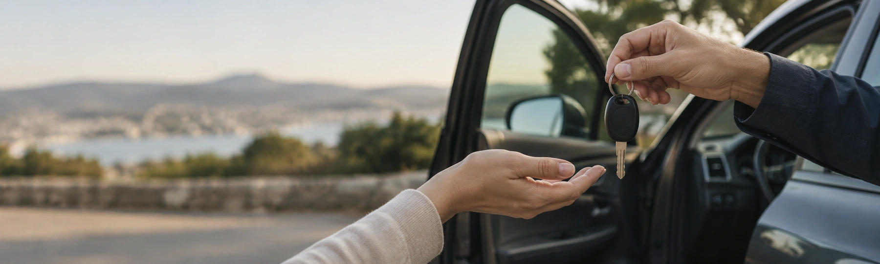 Car keys being handed over beside an open driver's door